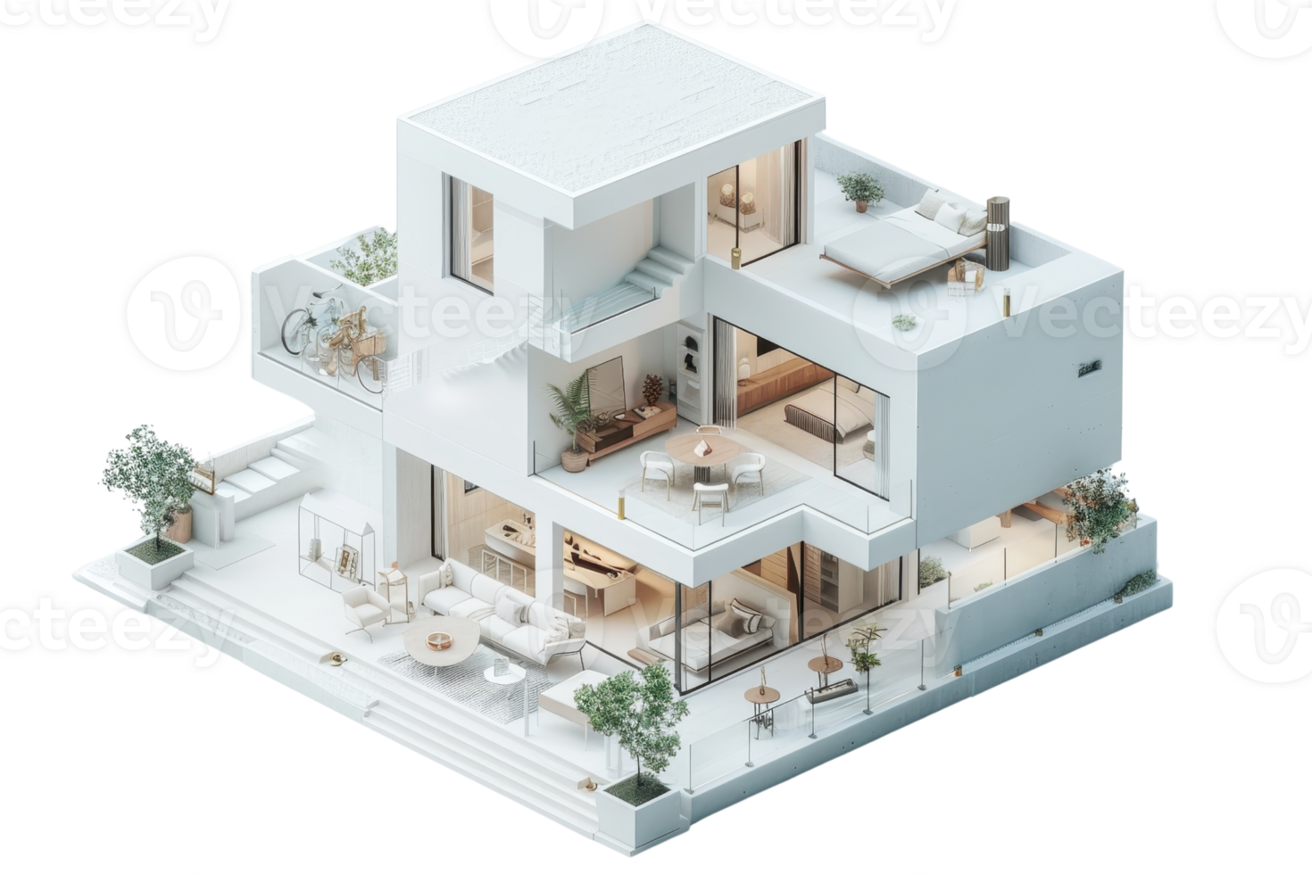 Minimalist architectural model of a modern multi-story house with open floor plan and outdoor patio, showcasing interior and exterior design. png