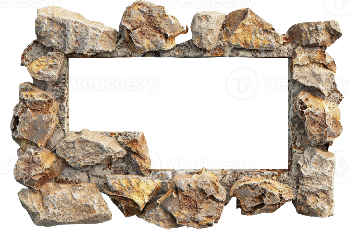 Rugged stone frame with an empty rectangular center, ideal for adding text or images. Natural and rustic design element. png