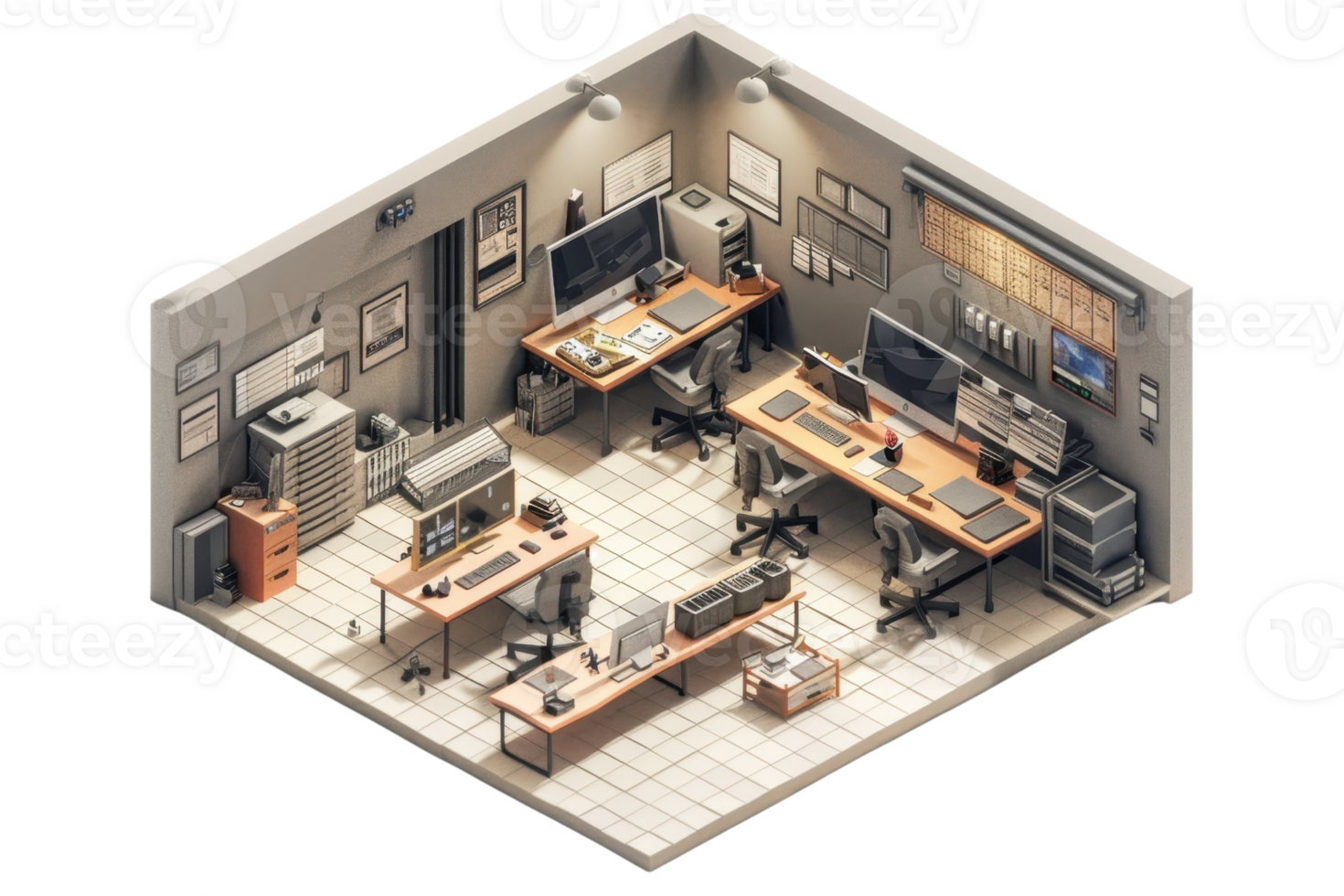 Modern office workspace with multiple desks, chairs, computers, and equipment in a well-organized, contemporary design for productivity. png