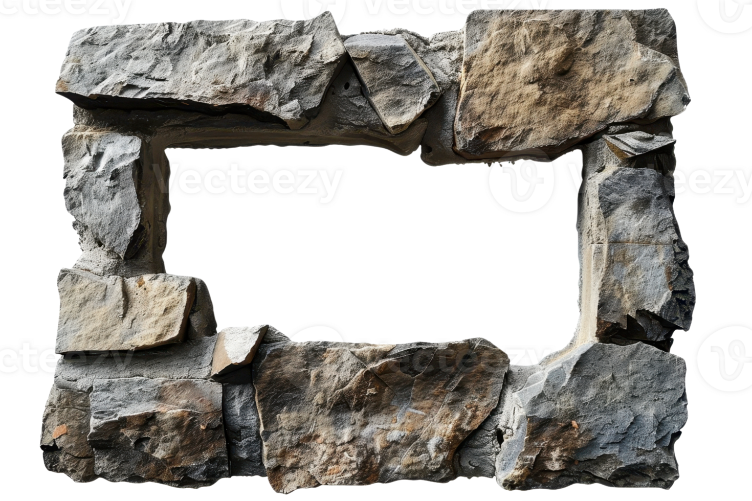 Rustic stone frame made of irregularly shaped rocks forms a rectangular border, isolated on a transparent background. perfect for design projects. png