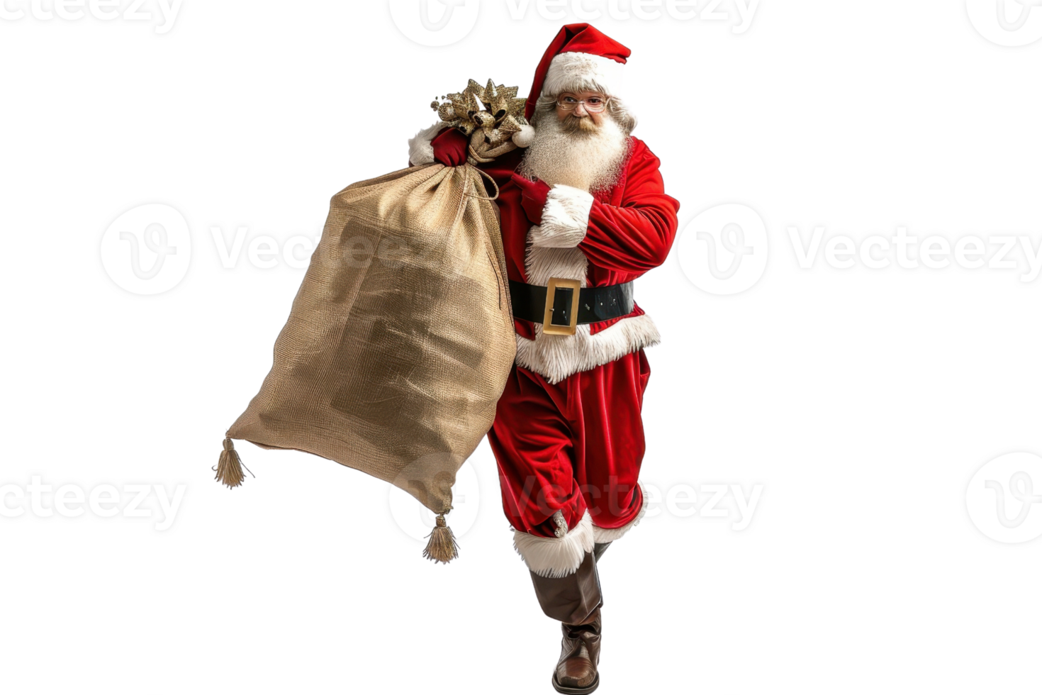Santa Claus carrying a large sack of gifts, spreading joy and Christmas cheer. Festive scene with traditional red suit and white beard. png