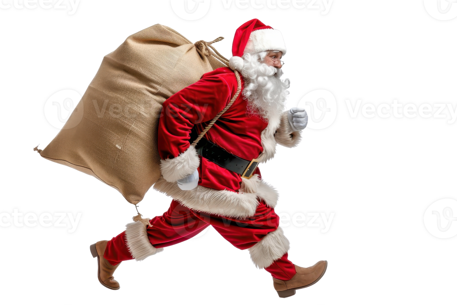 Santa Claus in traditional red outfit running with a large sack full of gifts, isolated on transparent background. png
