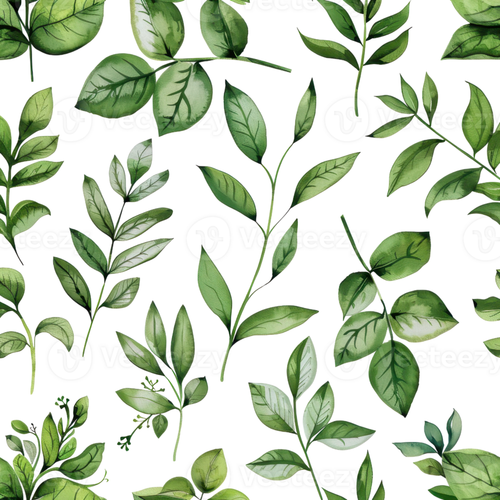 Seamless pattern of watercolor green leaves on a transparent background. ideal for nature-themed designs and botanical projects. png