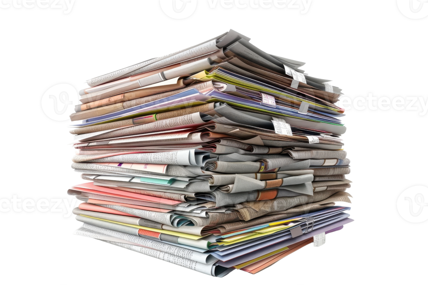 Stack of various newspapers arranged in a pile, showcasing diverse headlines, articles, and colorful pages. png