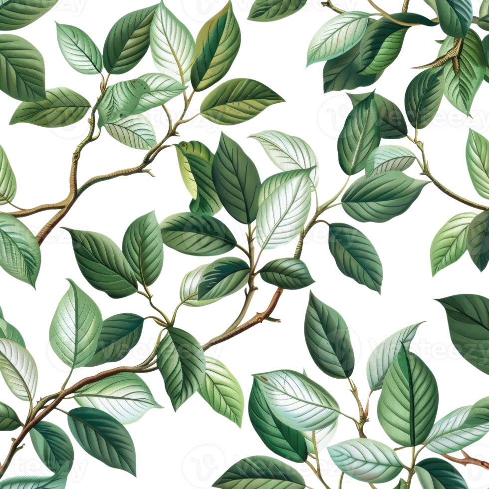 Seamless pattern of green leaves on branches. Ideal for backgrounds, textiles, and nature-themed designs. png