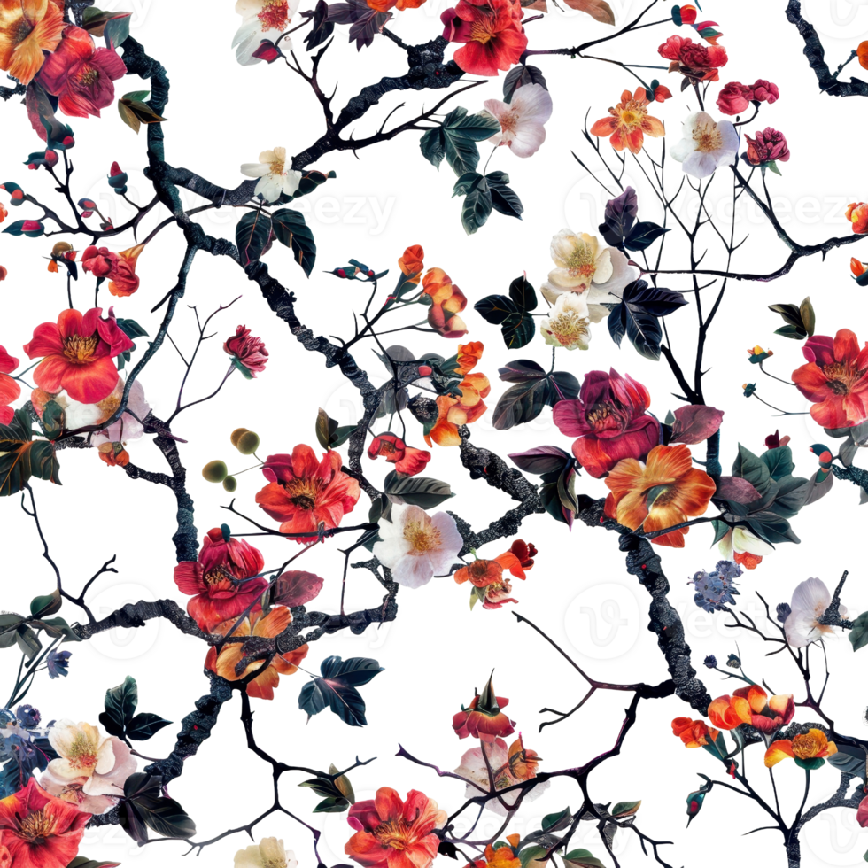 Seamless pattern with colorful floral design featuring vibrant flowers and dark branches on a black background. png