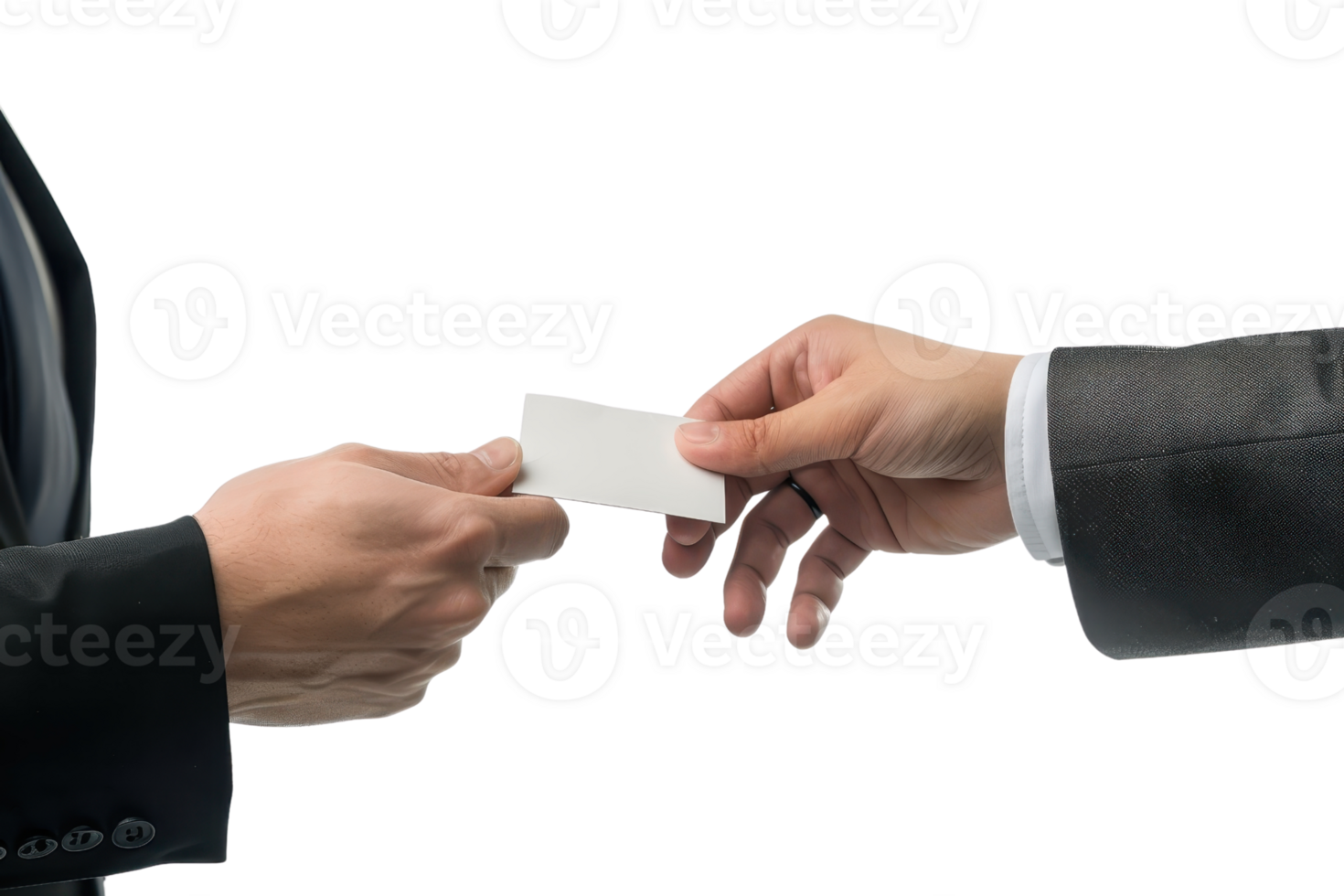 Two hands exchanging a business card in a professional setting, symbolizing networking, business connections, and corporate communication. png