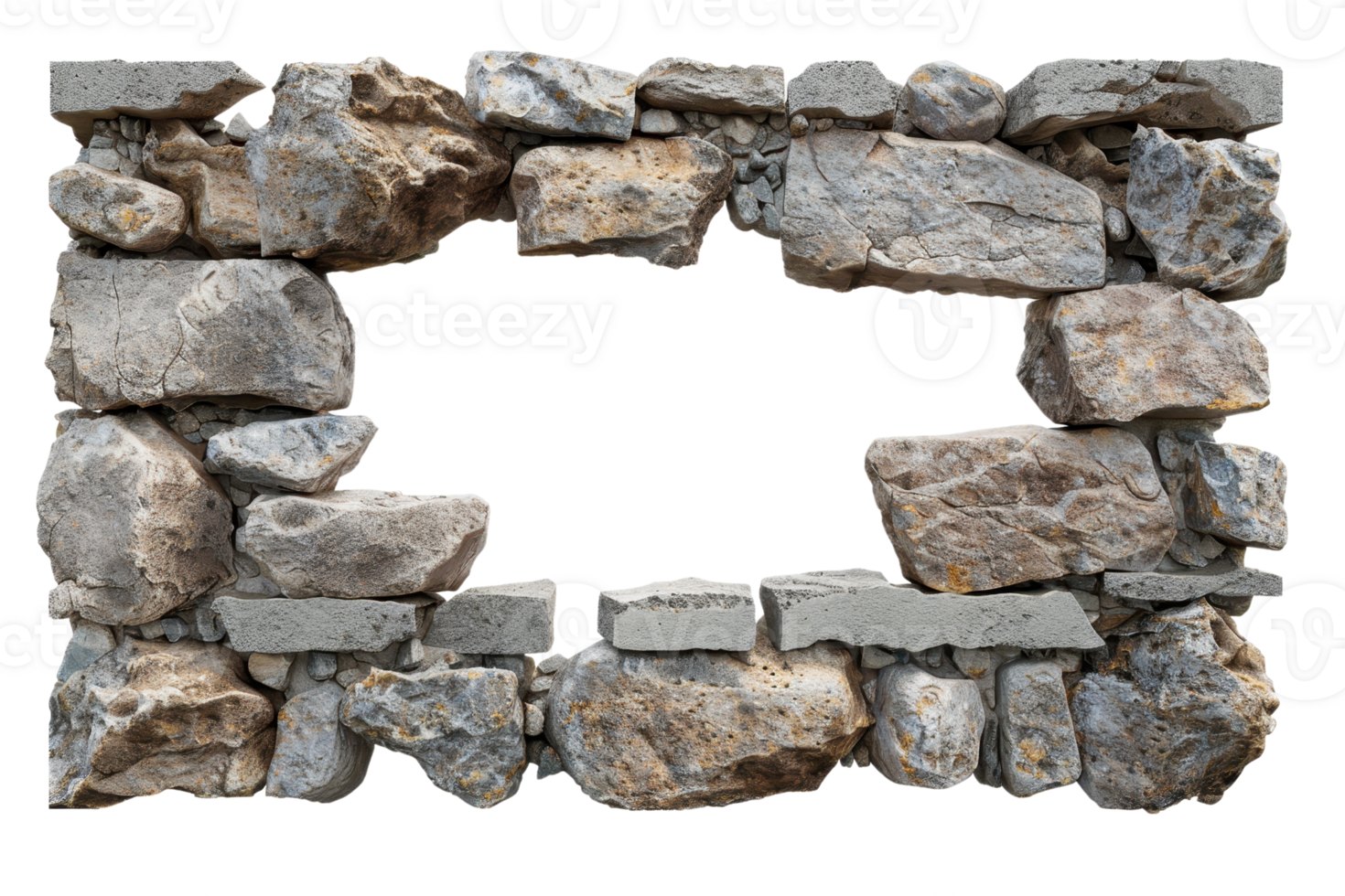 Stone wall frame with an empty center, perfect for nature or architectural backgrounds. Rough textured stones in various shapes. png