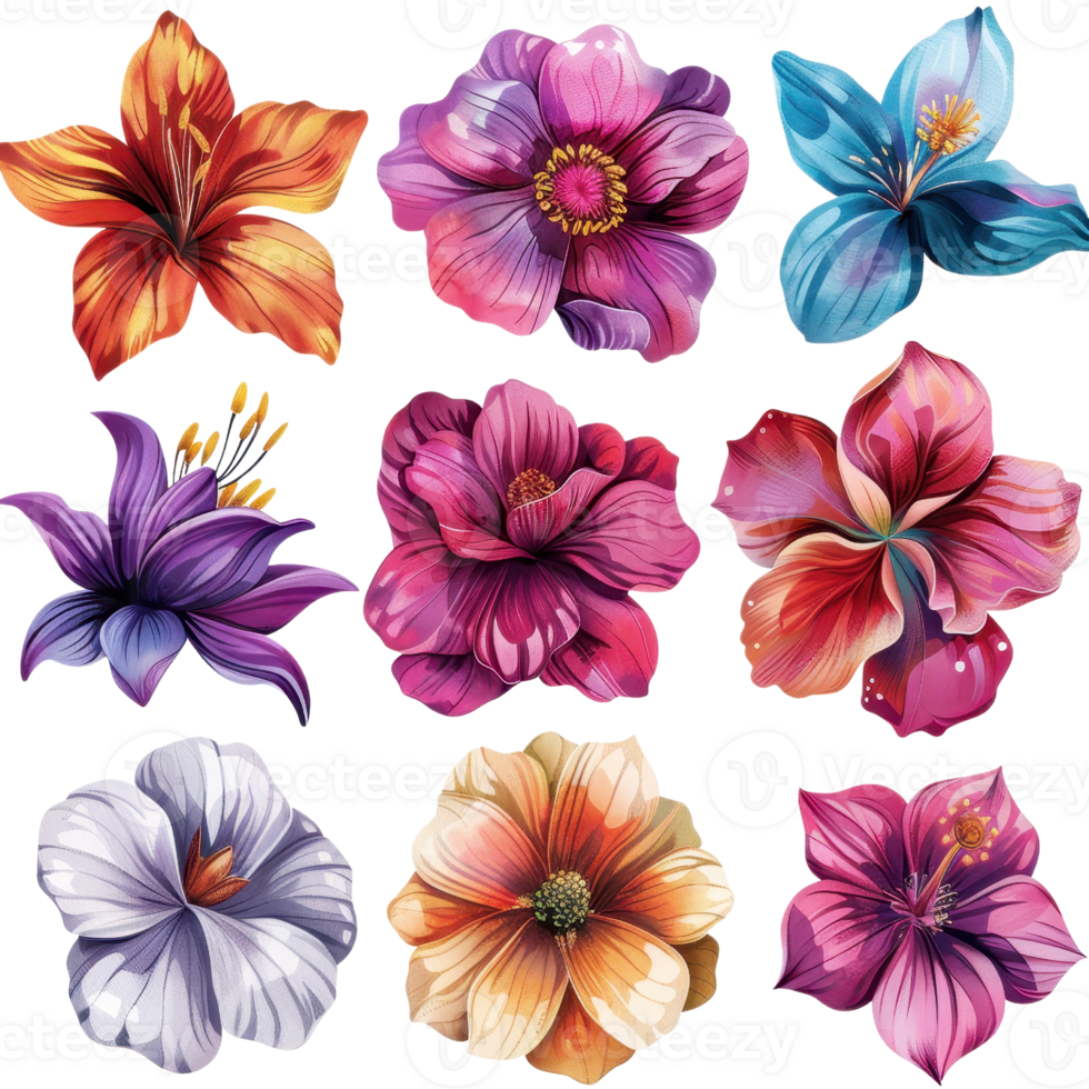 Vibrant collection of nine colorful flowers in various shapes and hues, perfect for botanical designs and nature themes. png