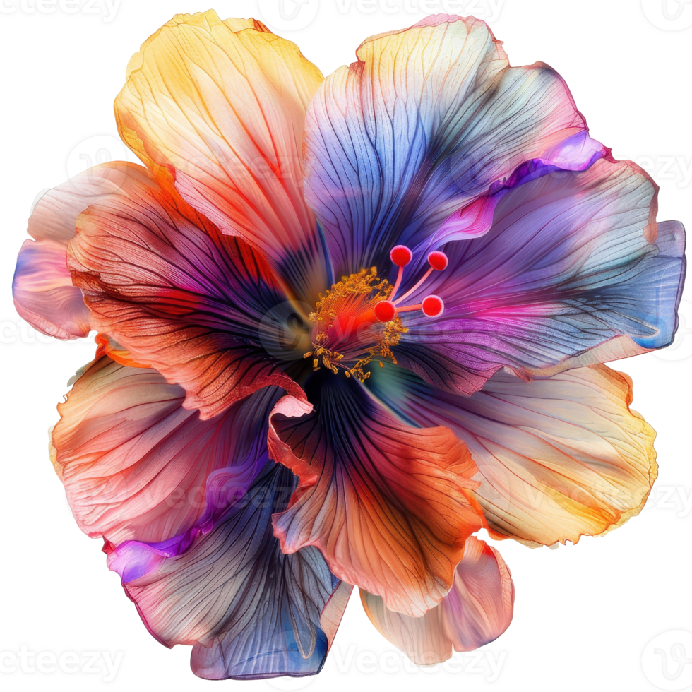 Stunning close-up of a digitally crafted, multicolored flower displaying intricate details and vibrant hues. png