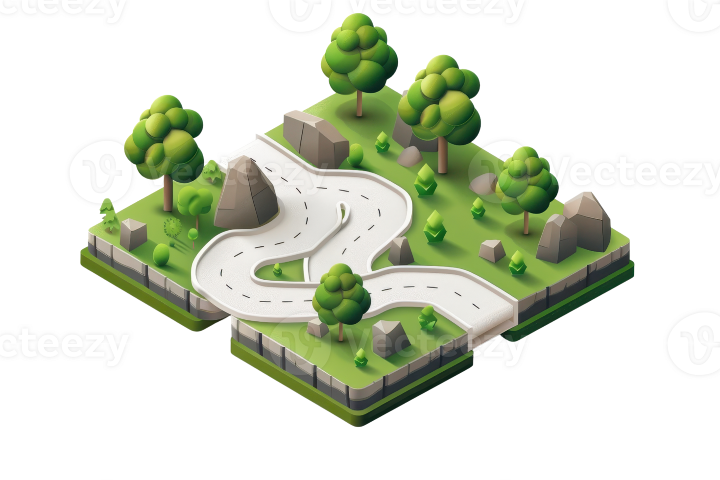 3D illustration of a winding road with lush green trees and rocks, perfect for nature-themed designs and landscape concepts. png