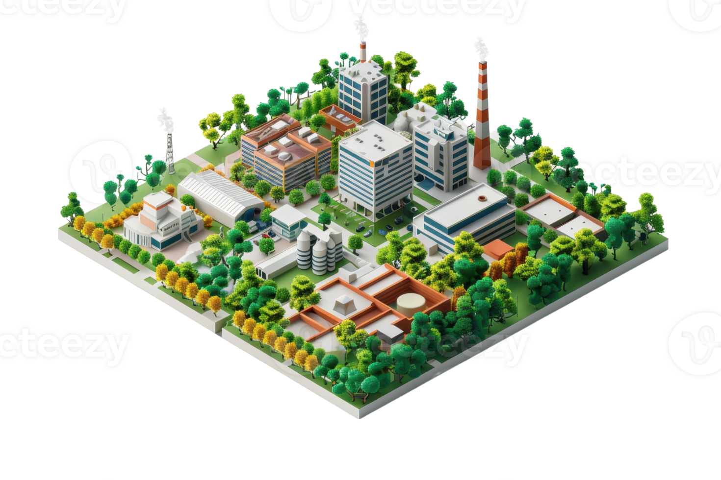 Isometric view of an industrial factory complex surrounded by greenery, showcasing multiple buildings and smokestacks in a neatly arranged layout. png