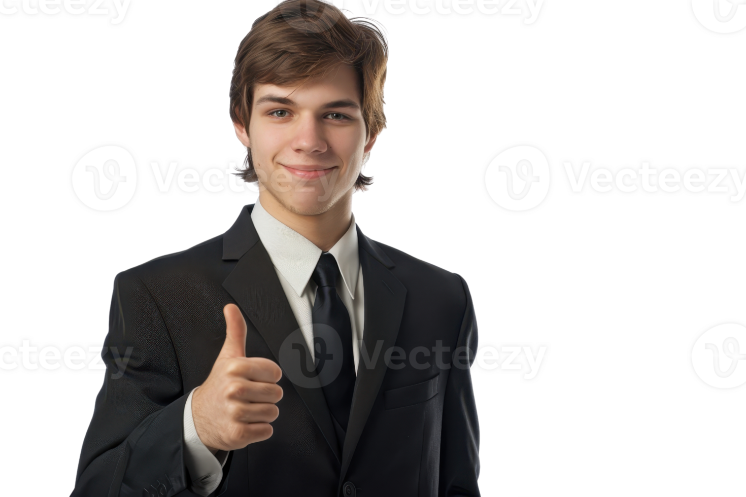Young man in formal attire giving a thumbs up, expressing positivity and confidence. Ideal for business, success, or approval concepts. png