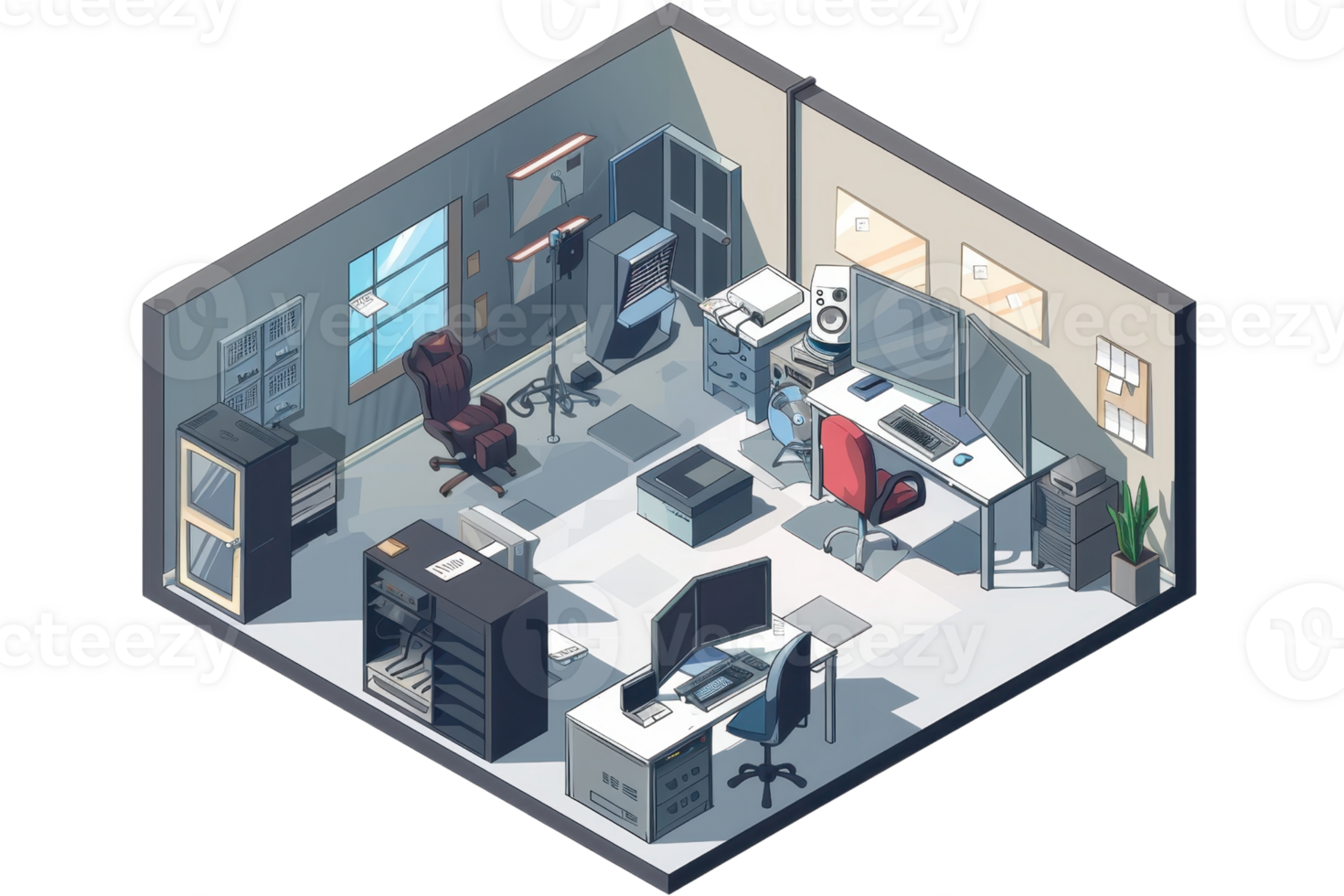 Modern office interior with technology and workstations, featuring desks, chairs, computers, and office equipment in a well-lit space. png