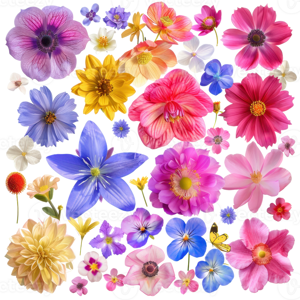 A vibrant collection of colorful flowers in various shapes and sizes, showcasing the beauty of nature in a lively and decorative display. png
