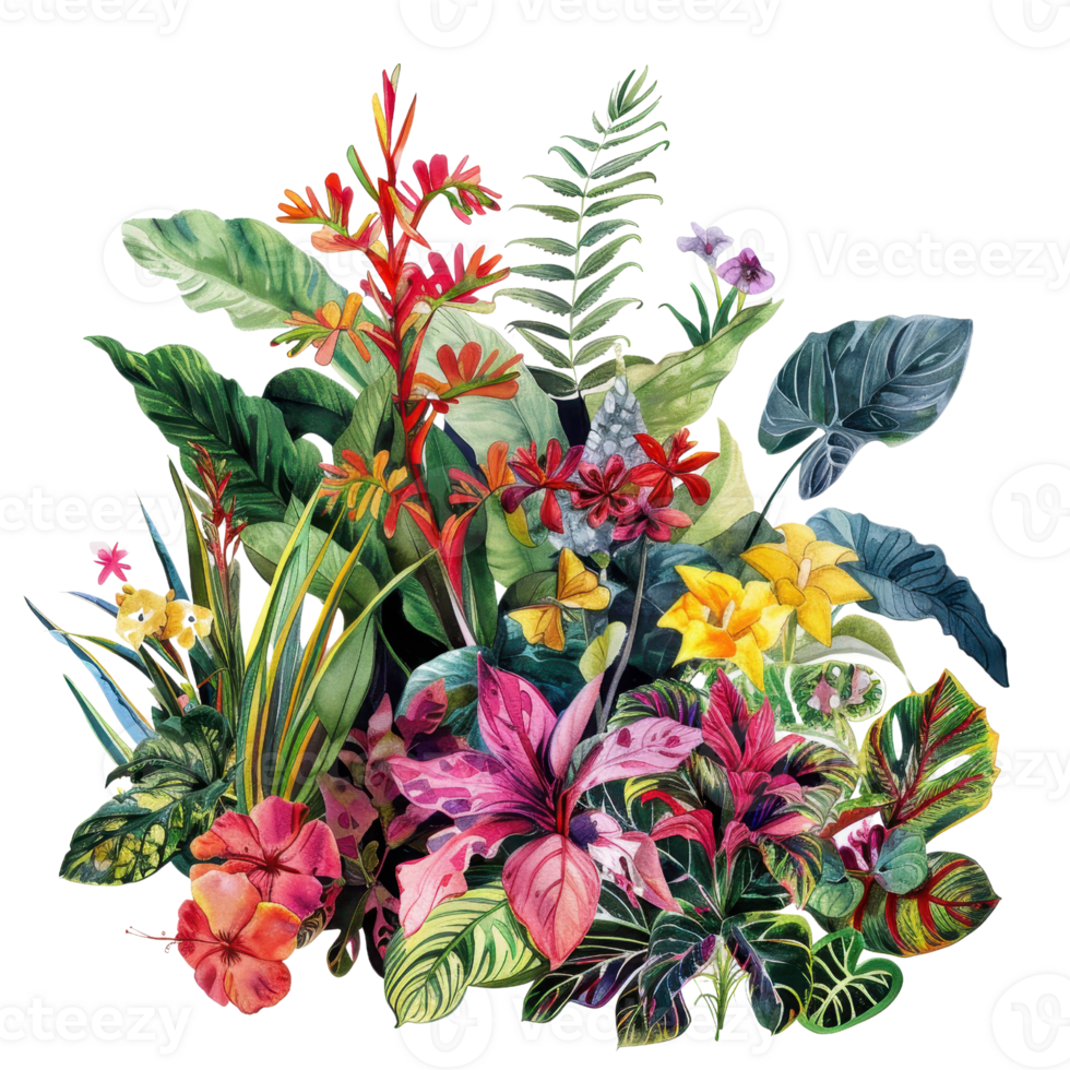A vibrant collage of tropical flowers and lush leaves, featuring an array of colorful blooms in a watercolor style on a transparent background. png