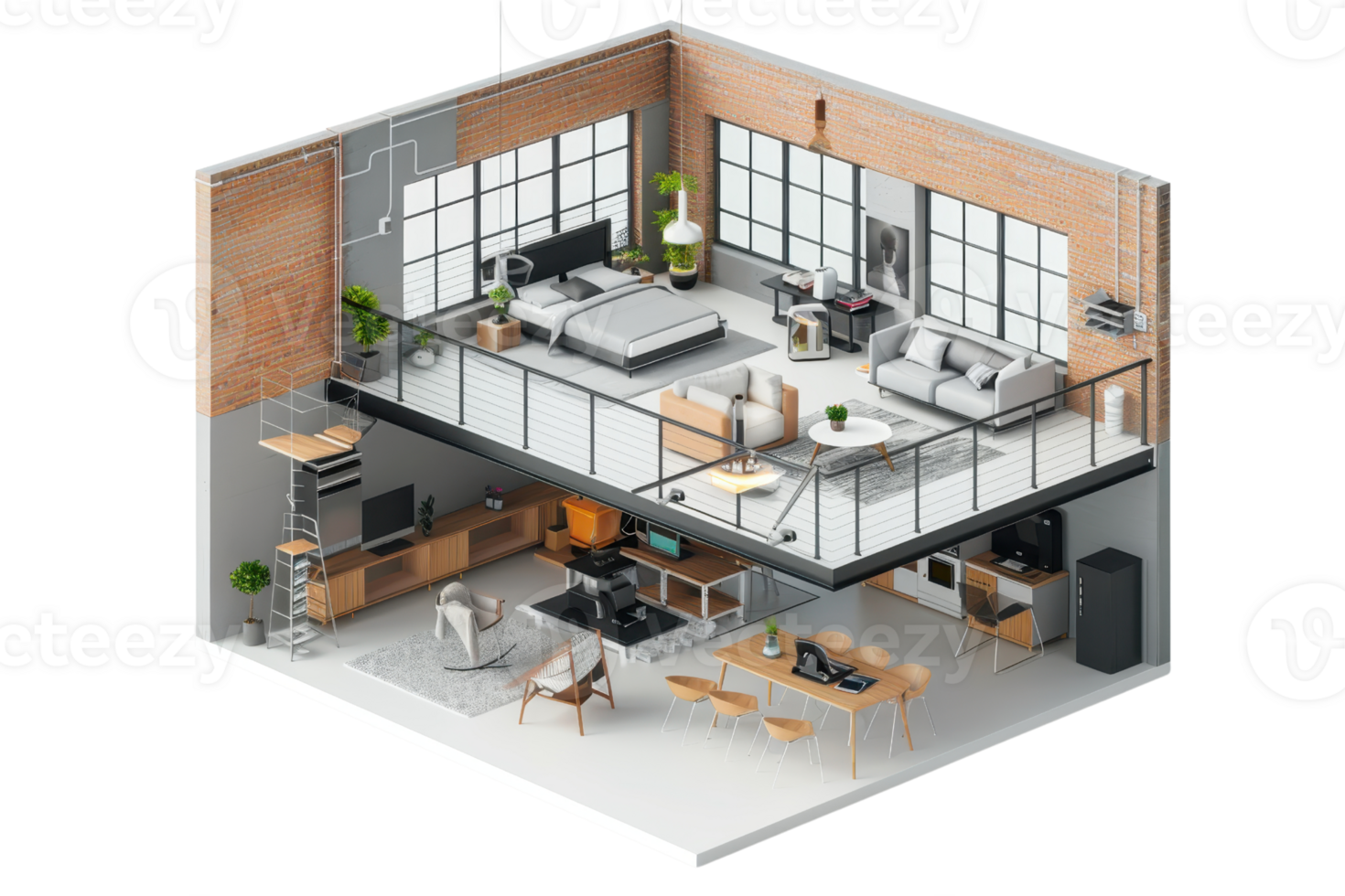 Modern loft apartment with open-concept living space, featuring stylish furniture, kitchen, dining area, and cozy bedroom on the upper level. png