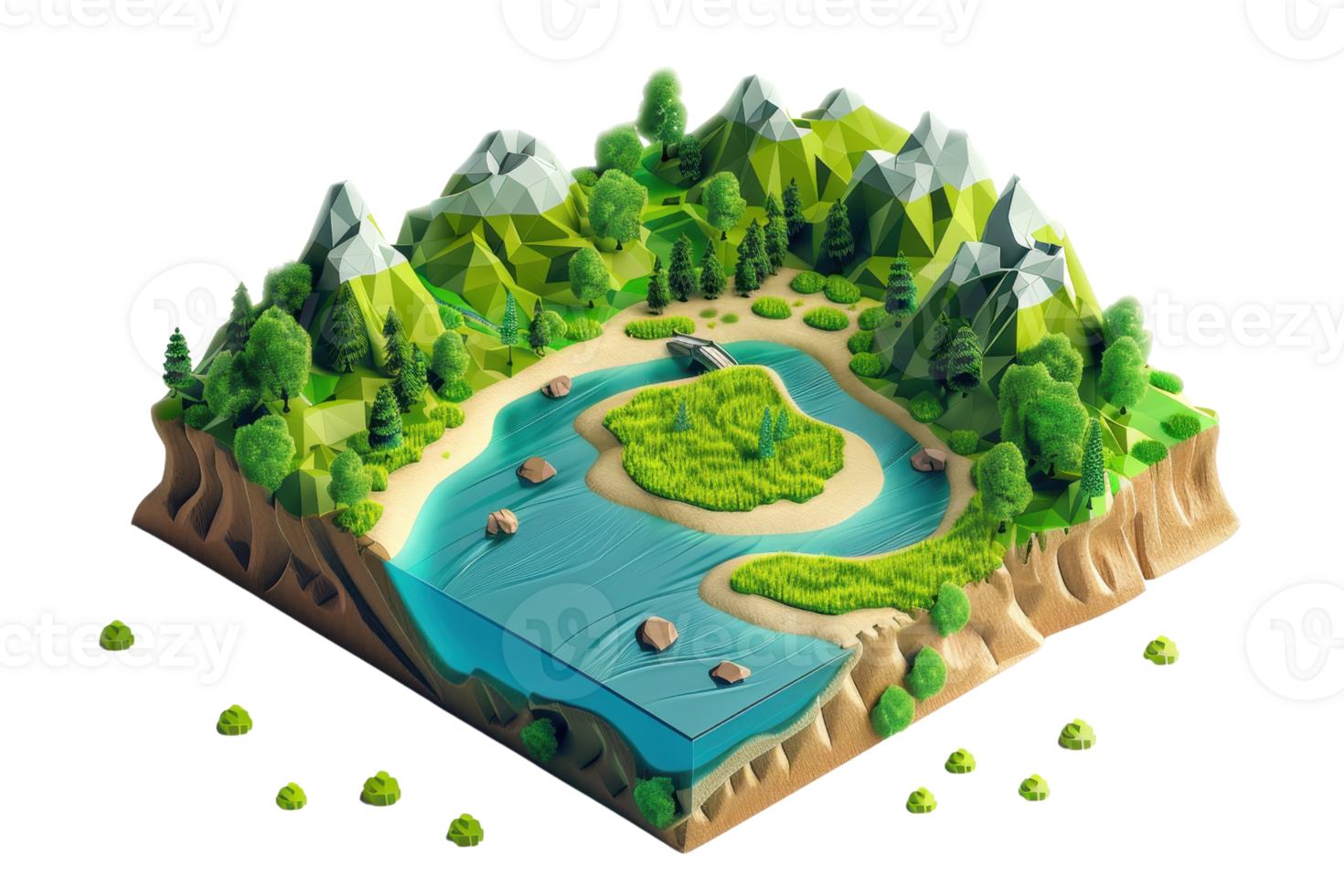 3D isometric illustration of a lush mountain landscape with a river, island, and forested surroundings. Perfect for gaming and design. png