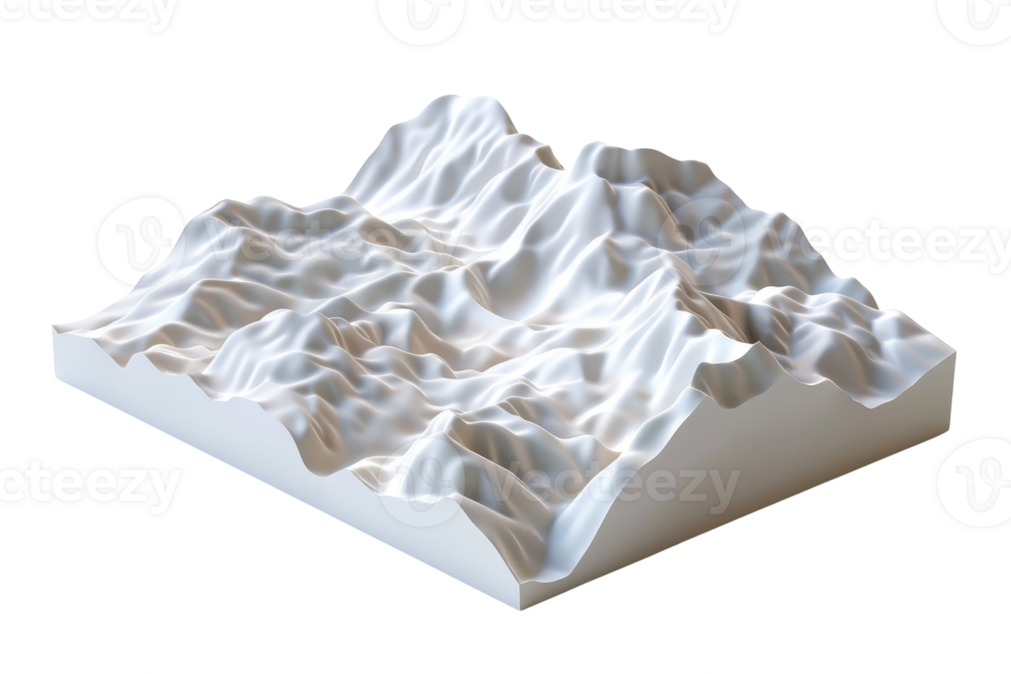 3D rendered elevation model of a mountainous terrain. White model isolated on transparent background. Perfect for mapping and landscape design. png