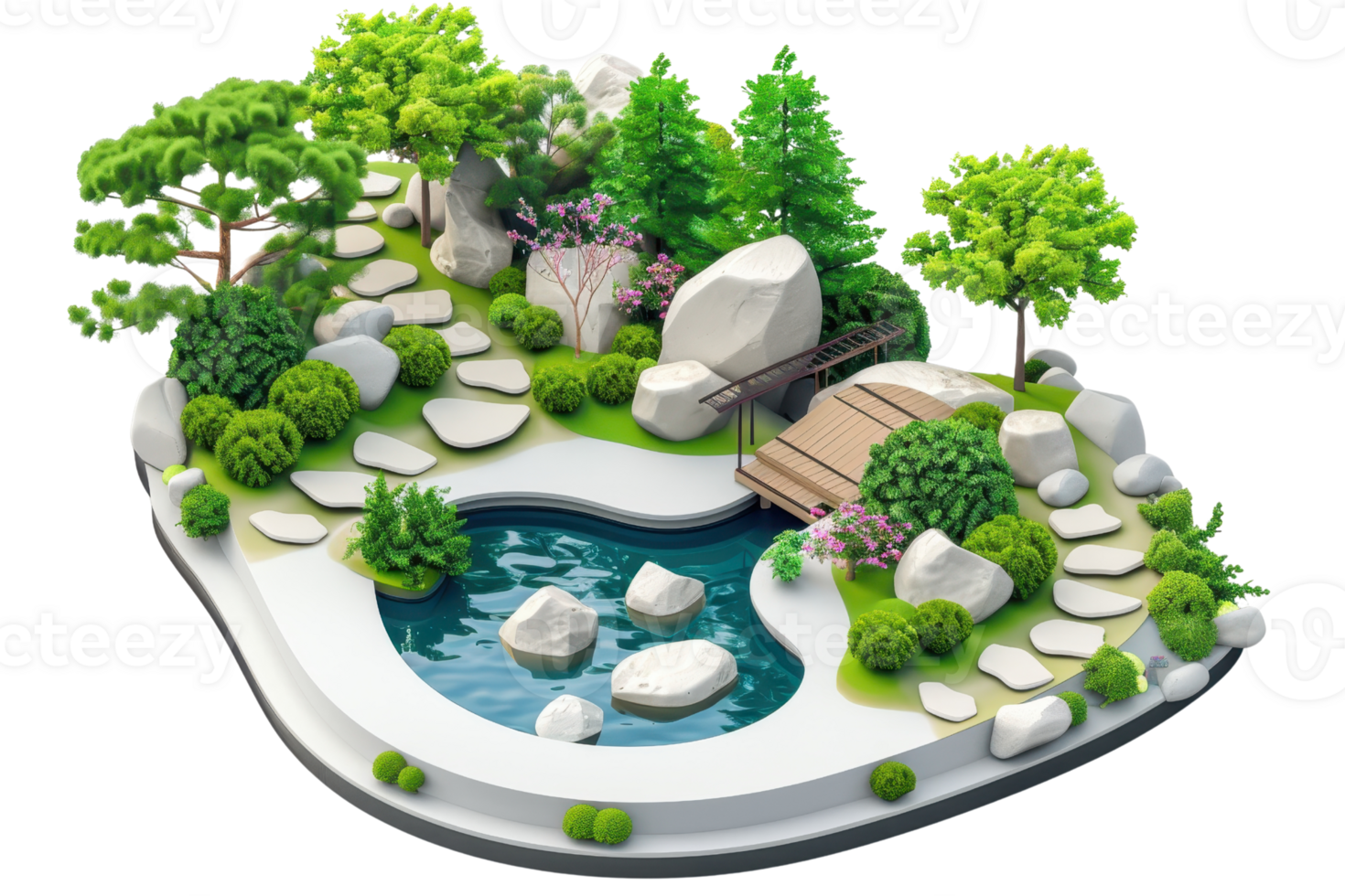 A tranquil Japanese garden with a stone path, pond, bridge, and lush greenery, perfect for meditation and relaxation. png