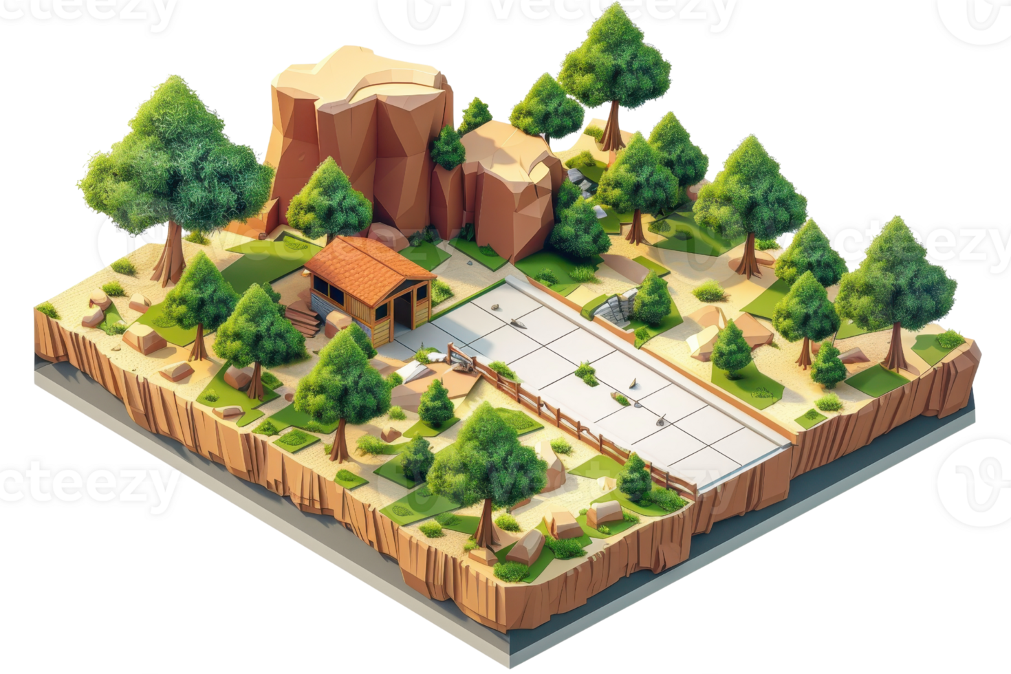 3D isometric rendering of a forest park with trees, pathways, and a small wooden structure, perfect for nature-themed projects. png