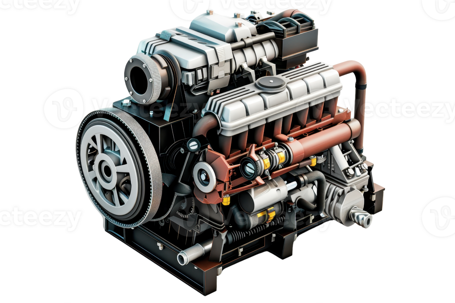 High-resolution 3D illustration of a detailed car engine, showcasing intricate mechanical parts and components, isolated on a transparent background. png