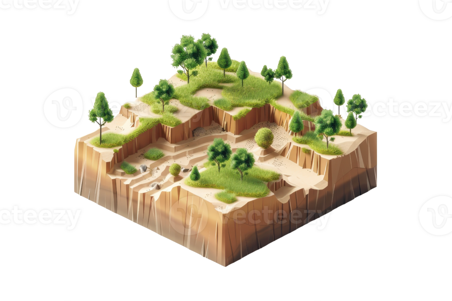 3D illustrated isometric view of a terrain with elevated land, lush trees, and grassy patches, perfect for environmental and game design concepts. png