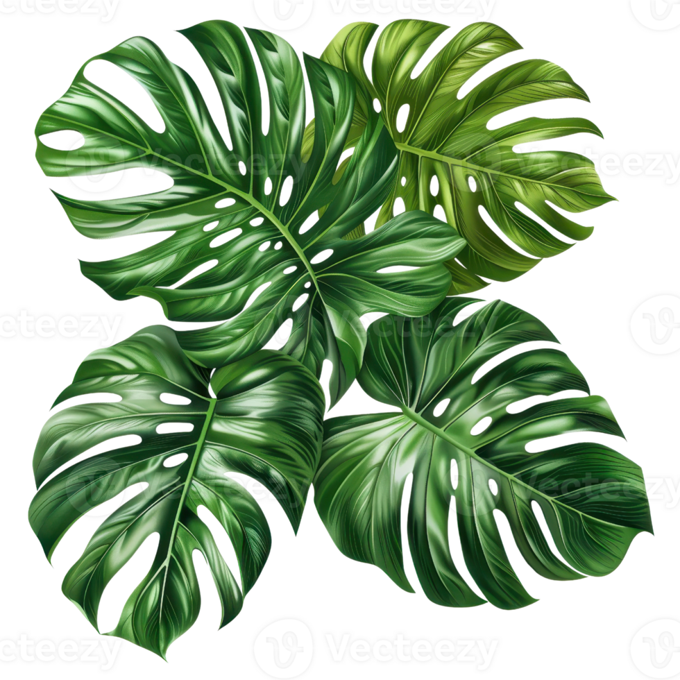 A vibrant illustration of tropical monstera leaves, showcasing intricate patterns and rich green hues, perfect for nature-inspired designs. png