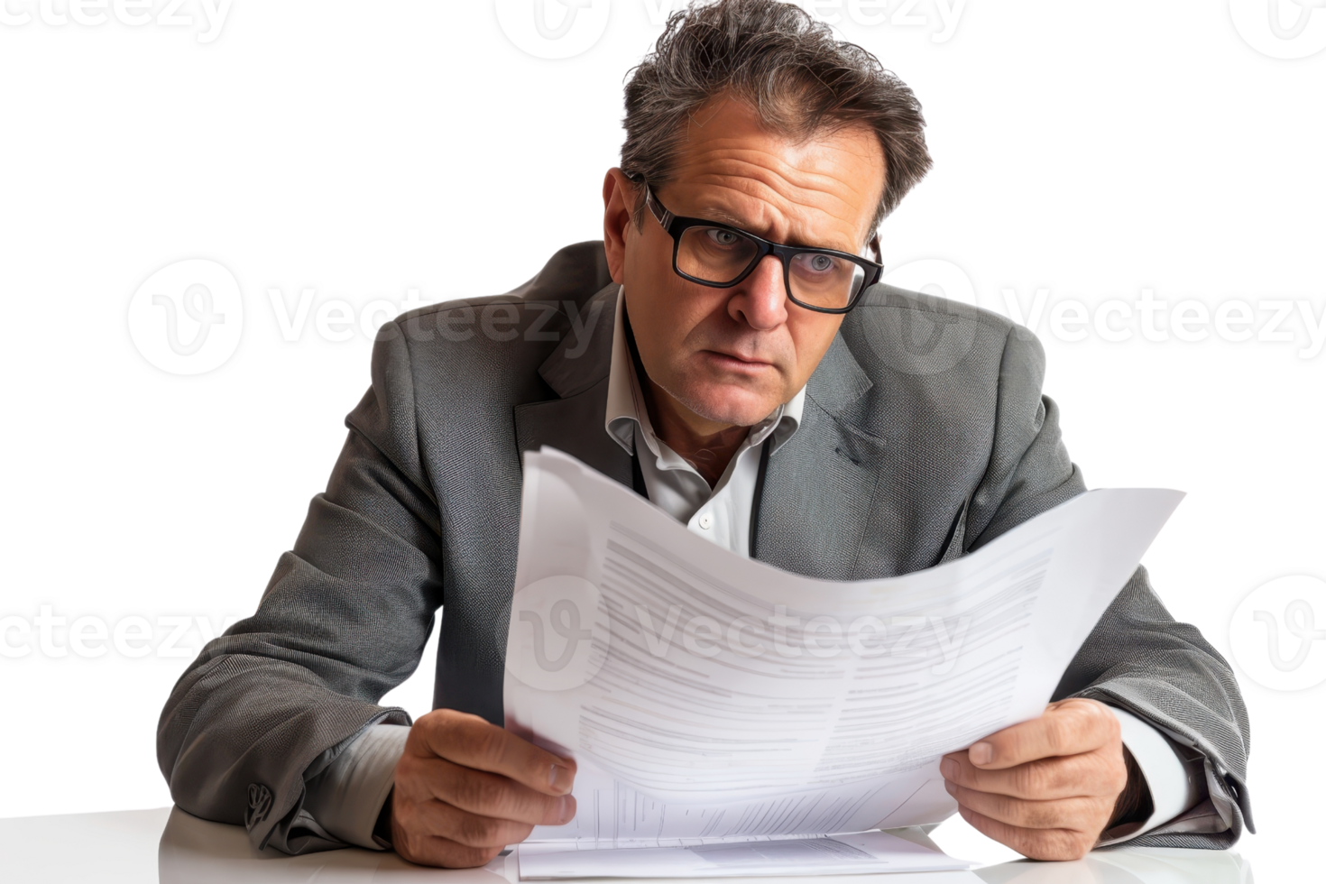 Serious businessman wearing glasses and suit, carefully reviewing documents, emphasizing attention to detail and professionalism. png