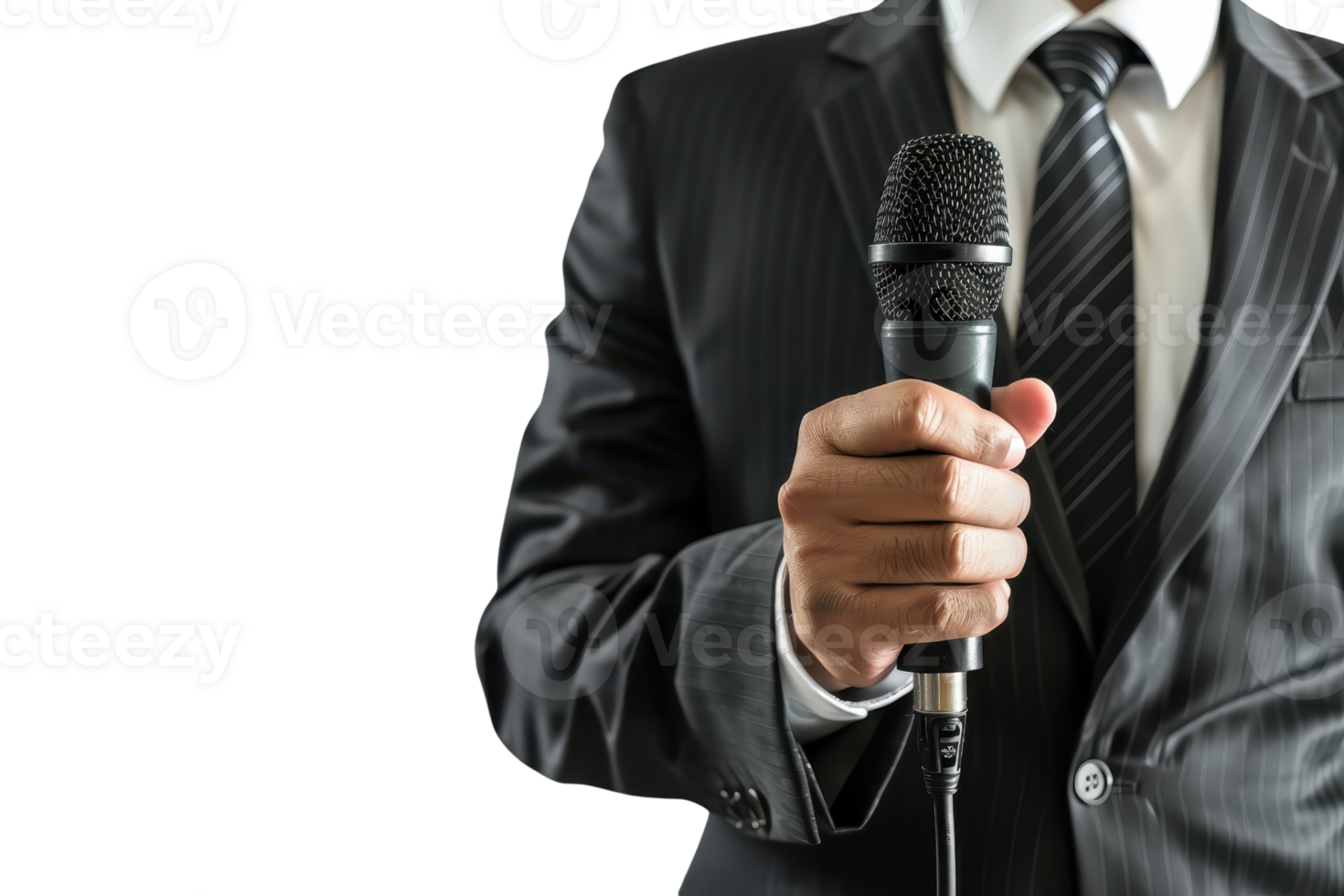 A business professional in a suit holding a microphone, ready to speak or present at an event or conference. png
