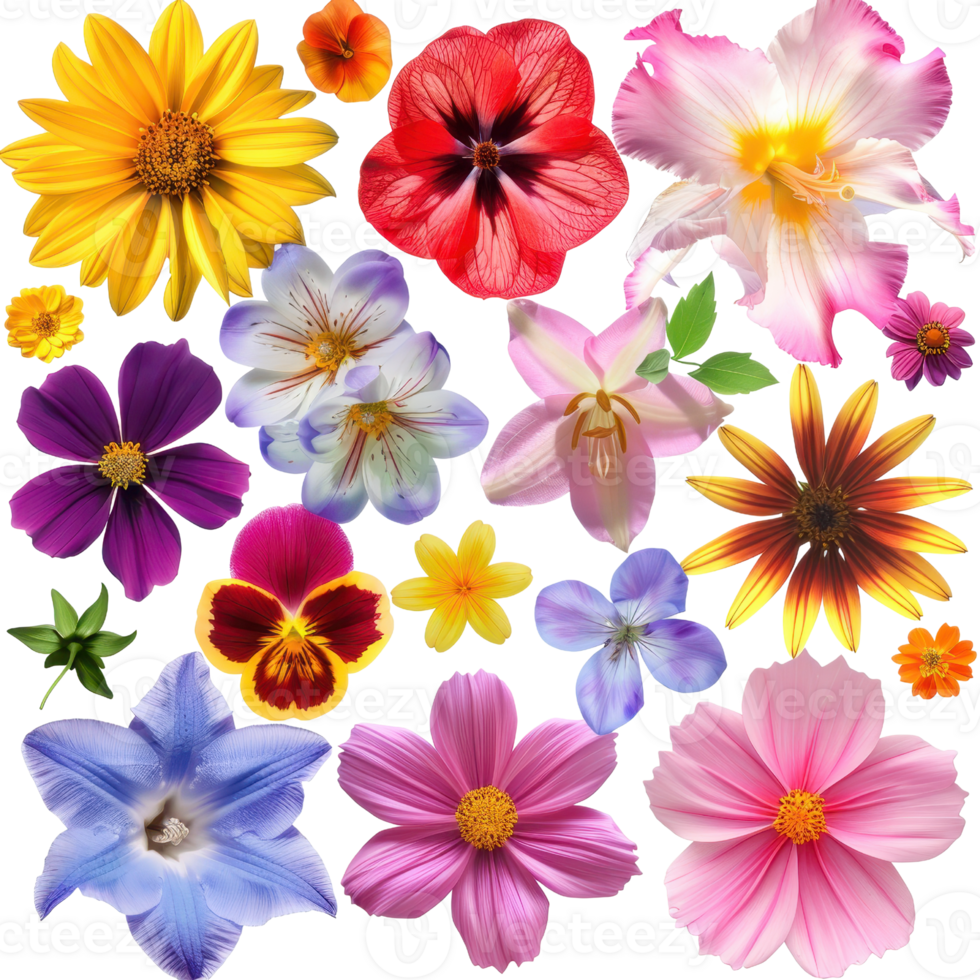 A vibrant collection of various colorful blooming flowers, showcasing the beauty and diversity of nature in full bloom. png