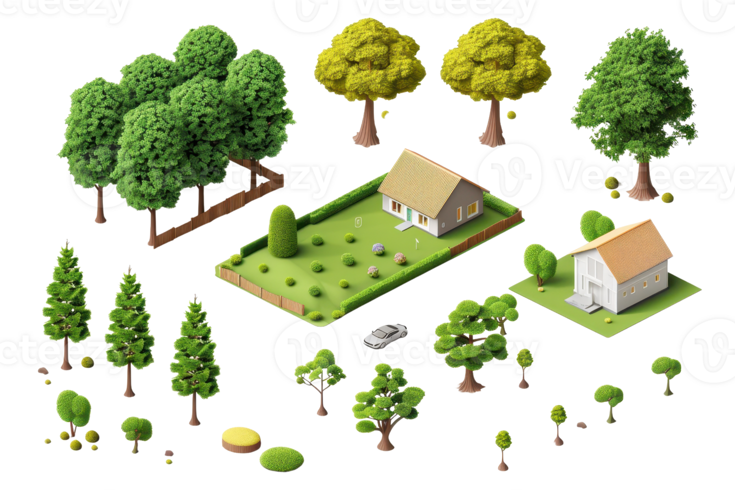 Isometric illustrations of a small forest and countryside houses, showcasing various trees and greenery in a detailed, colorful design. png