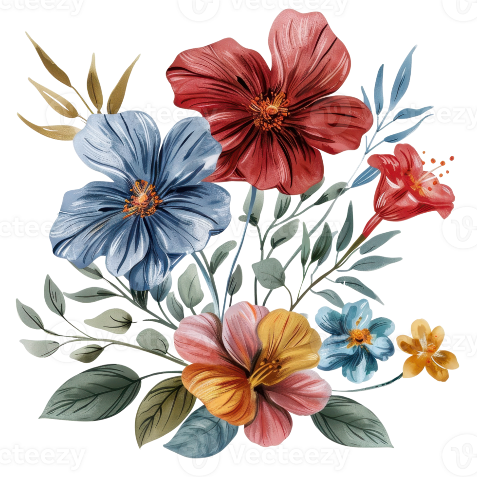 A colorful illustration of various flowers with green leaves, featuring red, blue, yellow, and pink blossoms. png