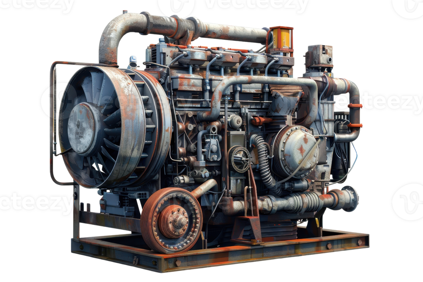 Industrial diesel engine with intricate piping and mechanical components, showcasing engineering and machinery details against transparent background. png
