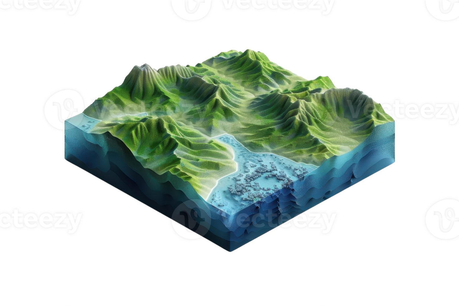 3D isometric landscape model showing terrain elevations, mountains, and water bodies for geographical and educational purposes. png