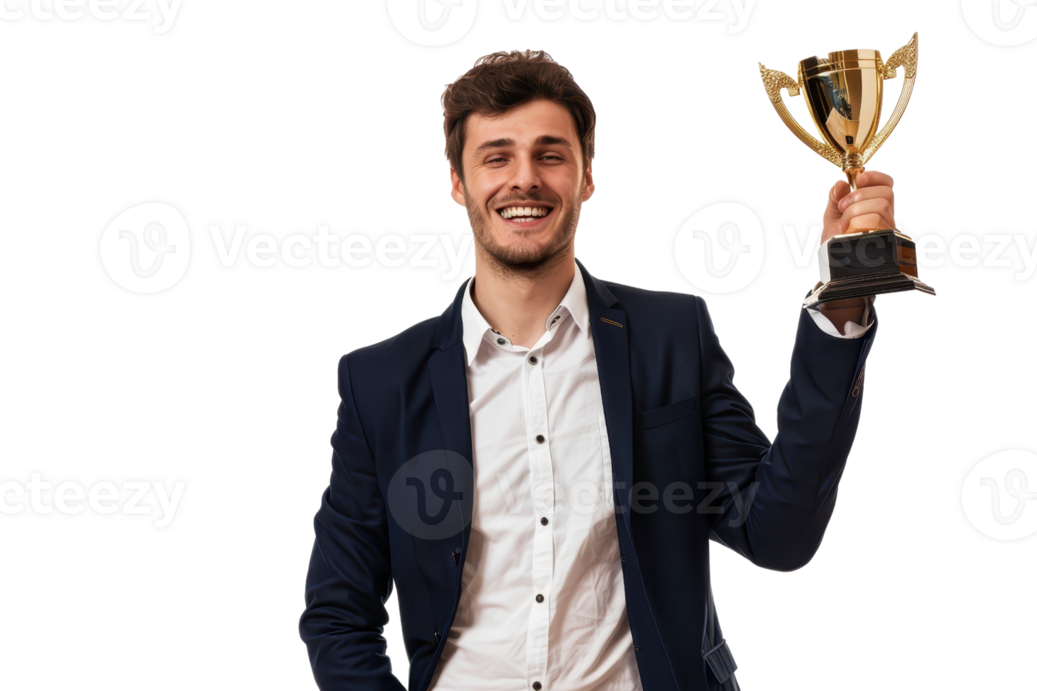 Young man in a suit holding a gold trophy smiling on a transparent background. Celebrating success and achievement in business or sports. png