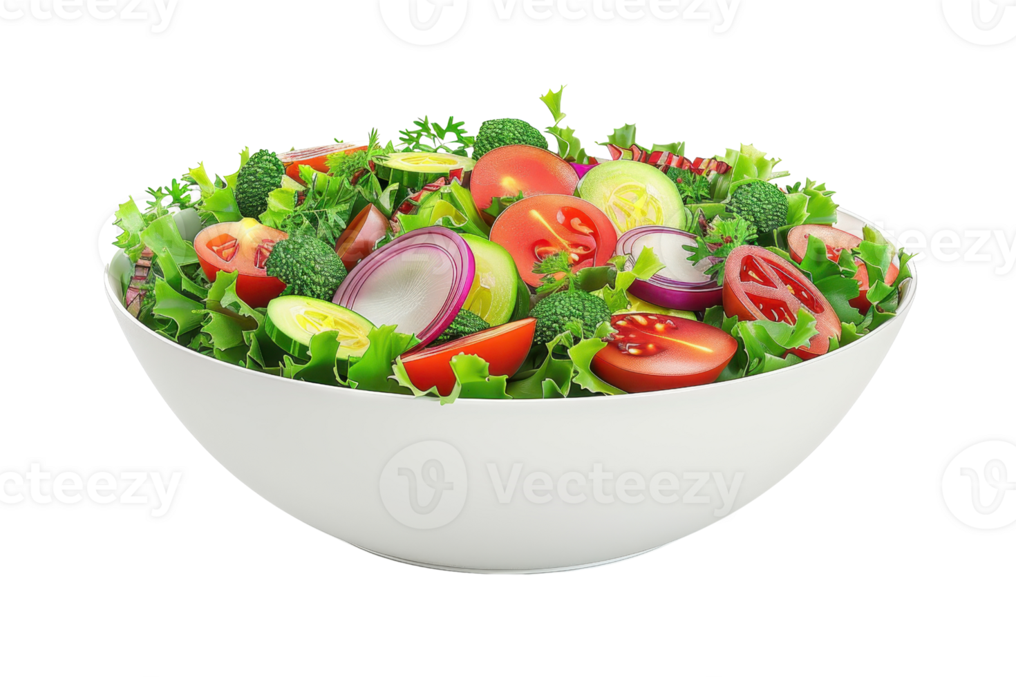 Fresh vegetable salad in a white bowl with tomatoes, cucumbers, onions, and greens. Perfect for healthy eating and culinary themes. png