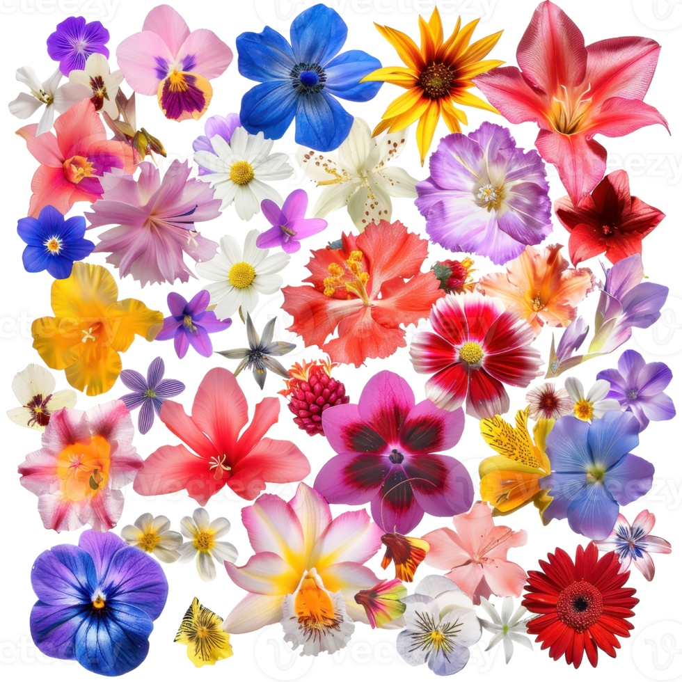 A vibrant collage of various colorful flowers in full bloom, showcasing the beauty of nature in a diverse arrangement. png
