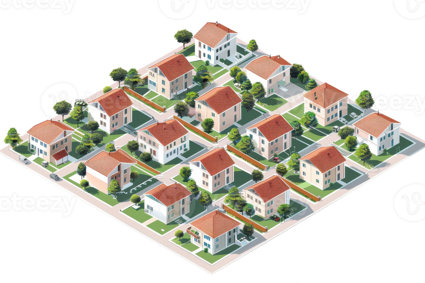 Aerial view of modern suburban neighborhood with neatly arranged houses, green lawns, and tree-lined streets in a planned residential community. png