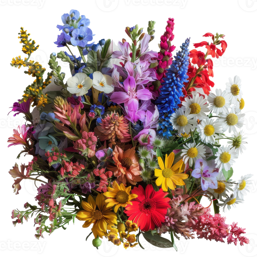 A vibrant bouquet of various colorful flowers, showcasing a delightful mix of springtime blossoms in full bloom. png