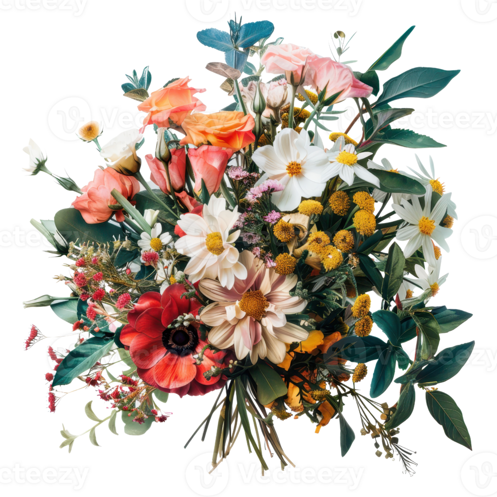 A vibrant bouquet of various fresh flowers including daisies, roses, and other blooms, ideal for any celebration or decoration. png