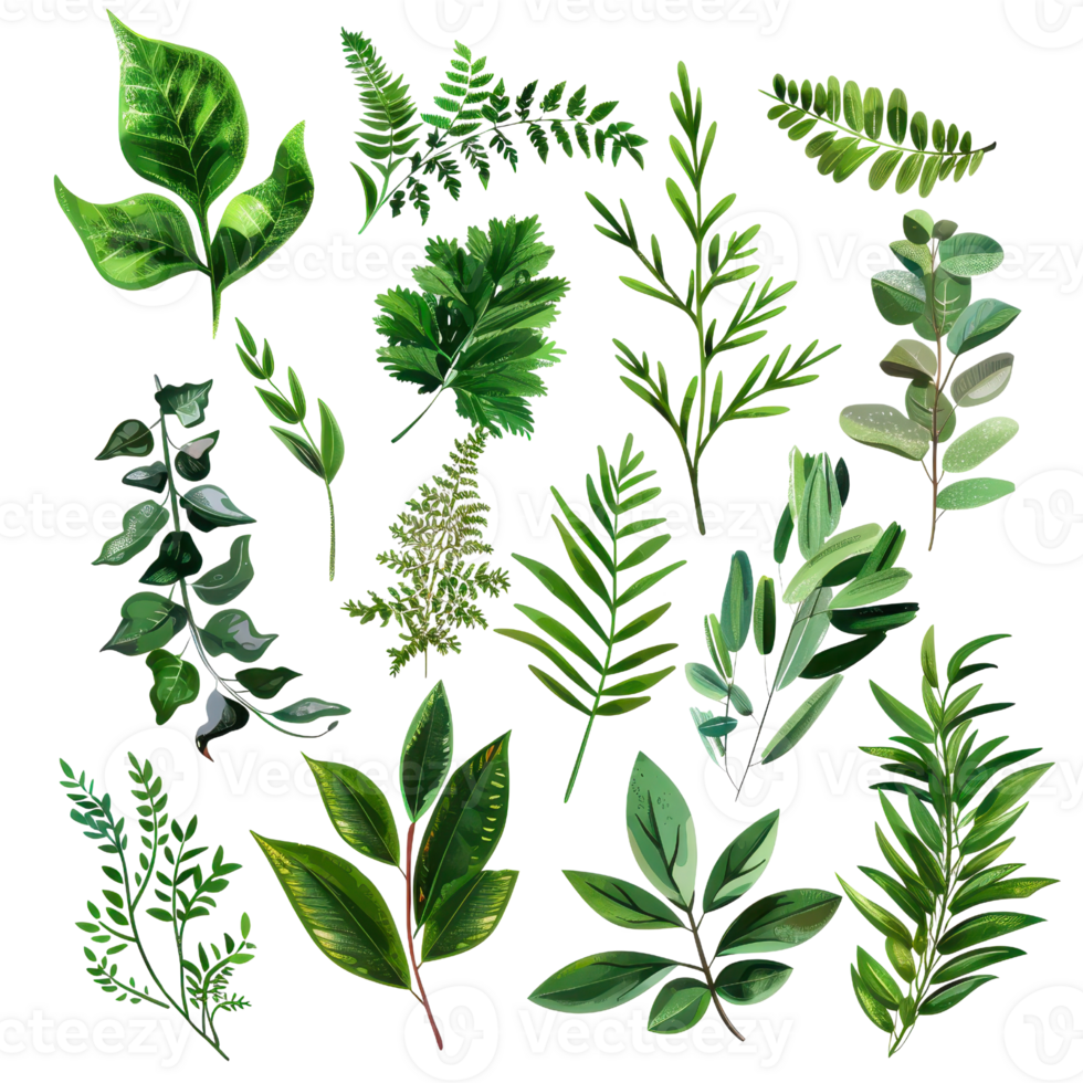 A beautiful collection of various green leaves and foliage, perfect for botanical and nature-inspired designs. png