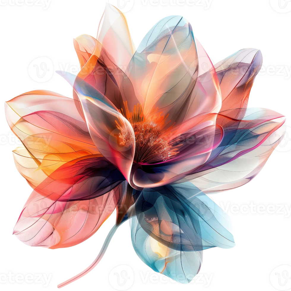 A vibrant, abstract digital illustration of a colorful translucent flower with flowing petals in various hues. png
