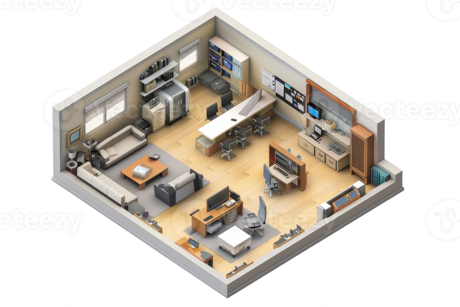 Isometric rendering of a modern coworking office space featuring desks, workstations, and comfortable seating areas. png