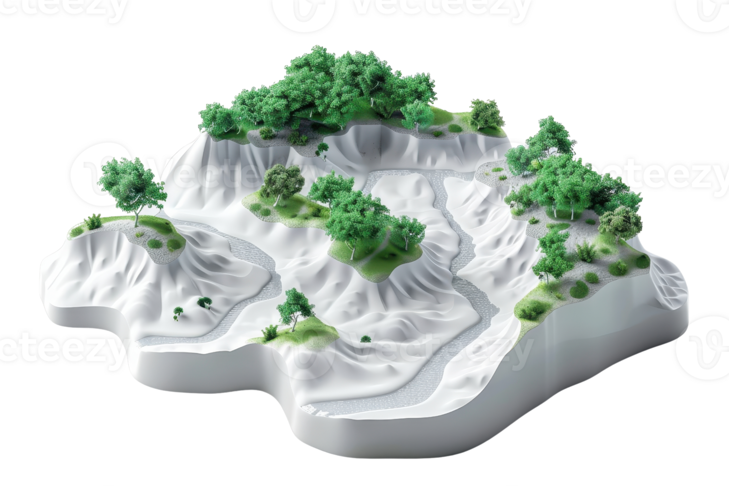 3D terrain model with hills, valleys, and lush greenery, illustrating topographical features and natural landscape elements. png