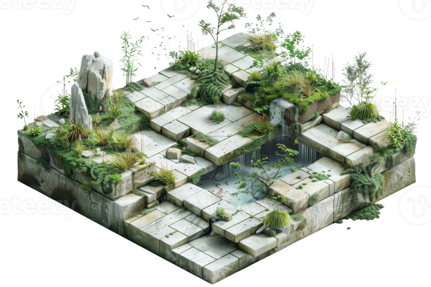 Isometric view of an ancient, abandoned stone ruin overgrown with lush greenery, creating a serene and mystical atmosphere. png