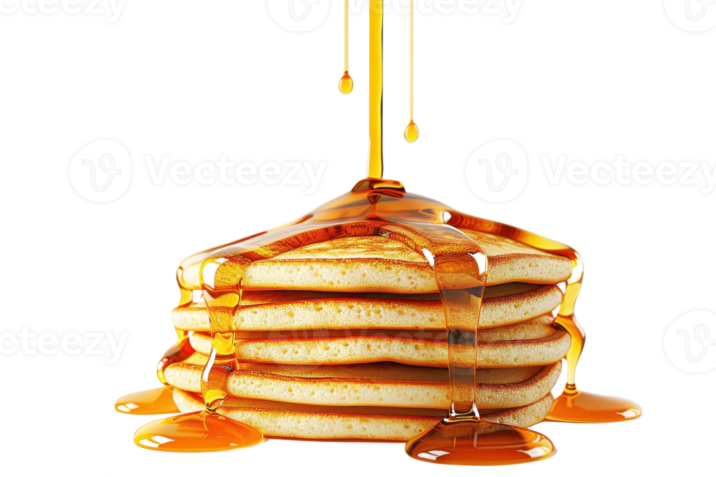 Stack of pancakes topped with drizzling syrup, perfect for breakfast scenes, food articles, and meal planning concepts. png