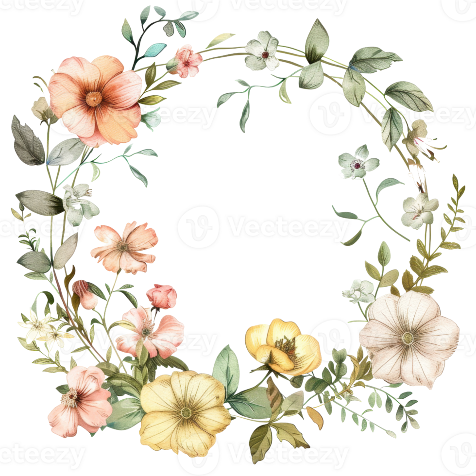Beautiful floral wreath with pastel flowers and green foliage, perfect for invitations, wedding decor, and seasonal designs. png