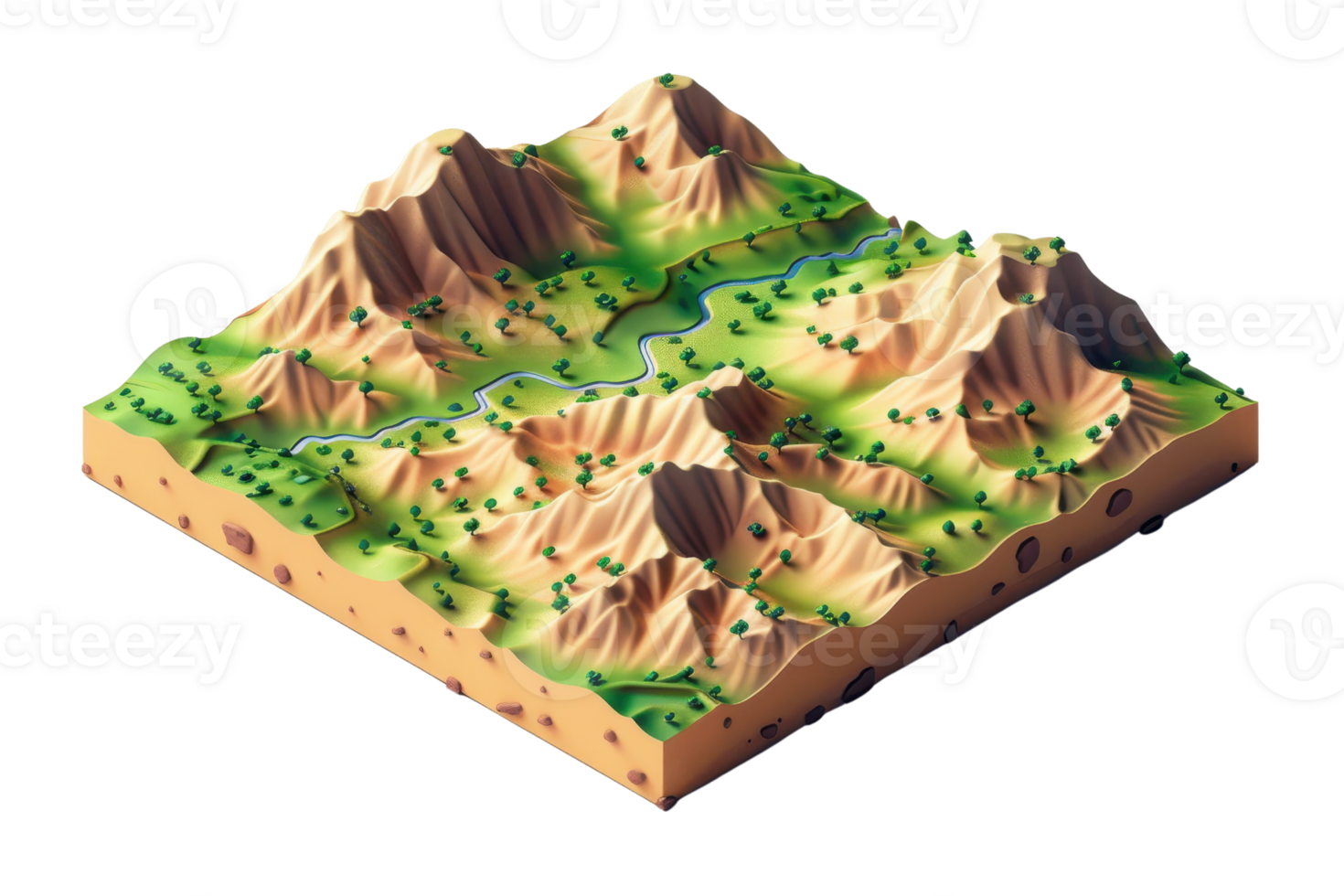 3D render of a topographic map model featuring mountains, valleys, and a river, showcasing terrain and geographical features. png