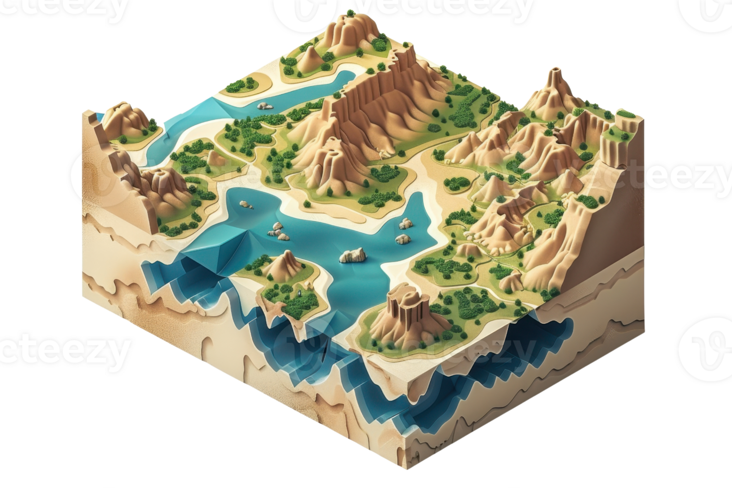3D isometric terrain model featuring mountains, rivers, and valleys. Ideal for geography, education, and game design visuals. png